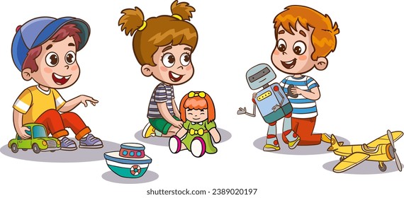 vector illustration of cute children in the kindergarten playing with toys