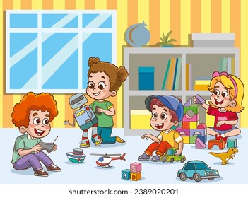 vector illustration of cute children in the kindergarten playing with toys