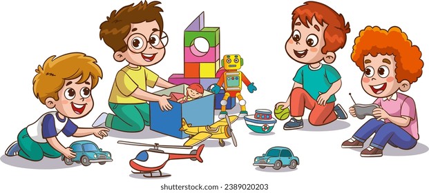 vector illustration of cute children in the kindergarten playing with toys