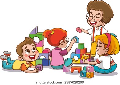 vector illustration of cute children in the kindergarten playing with toys