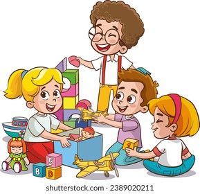 vector illustration of cute children in the kindergarten playing with toys