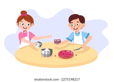 Vector illustration of cute children preparing a delicious cake. Cartoon scene of a girl and a boy preparing a sweet, cherry cake with sponge cake, icing and decorated with cherries