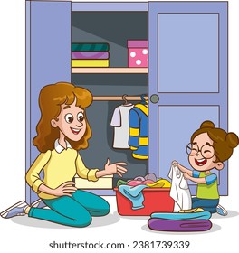 vector illustration Of Cute children putting their clothes in the wardrobe with their mother