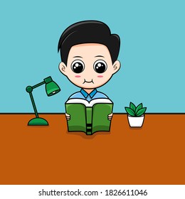 Vector Illustration Cute Children Reading a Book. Lamp and Decorative Plants on The Table. Suitable for Children Day, Web, Education, Banner, Promotion