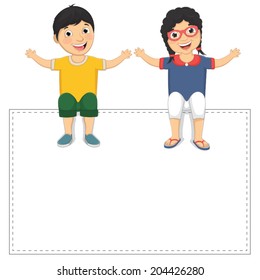 Vector Illustration Of Cute Children Sitting On White Banner