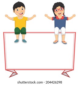 Vector Illustration Of Cute Children Sitting On Red Frame Banner