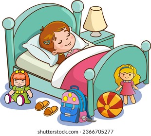 vector illustration of cute children sleeping in his bed