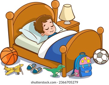 vector illustration of cute children sleeping in his bed