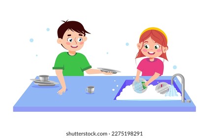 Vector illustration of cute children washing dishes. Cartoon scene with a smiling boy helping a girl wash dishes in a sink with foam and bubbles isolated on a white background.