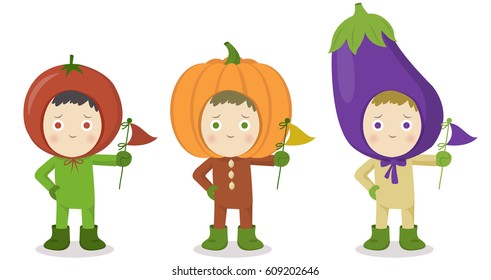 Vector illustration of Cute Children wear vegetable suit. Tomato , Pumpkin , Eggplant holding flag in hand