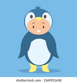 Vector illustration of cute children wearing Christmas party penguin costume. Christmas costume party for kid. Happy celebration.