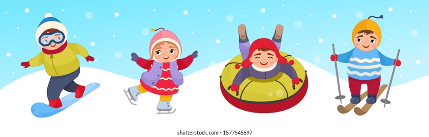 Vector illustration of cute children in winter clothes. Winter activities - skiing, ice skating, snowboarding and sleigh rides.
