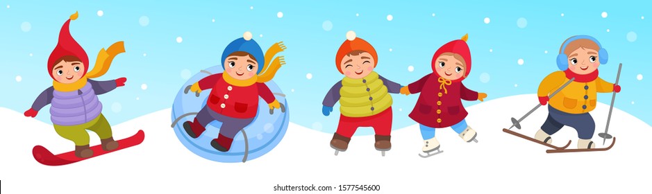 Vector illustration of cute children in winter clothes. Winter activities - skiing, ice skating, snowboarding and sleigh rides.