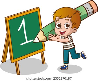 vector illustration of cute children writing with a big pen.kid education design.