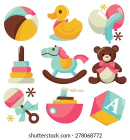 A vector illustration of cute children's toys like rubber ducks, balloons,rattles, ball and etc.