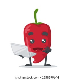 vector illustration of cute chilli mascot or character presentation use laptop in white background