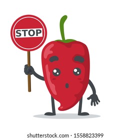 vector illustration of cute chilli mascot or character holding sign say stop in white background