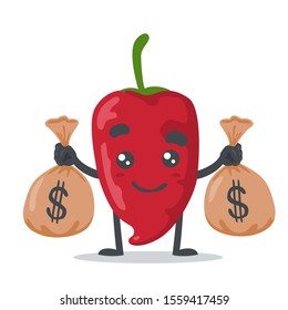 vector illustration of cute chilli mascot or character holding two sack of money in white background