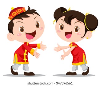 Vector illustration cute Chinese Kids action be happy