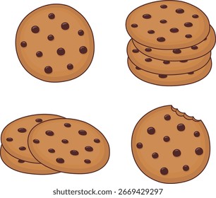 Vector illustration cute chocolate chip cookie set. Flat hand drawn food pattern design for print.