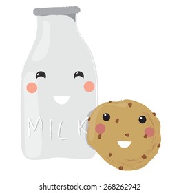 Vector illustration of a cute chocolate cookie and a bottle of milk