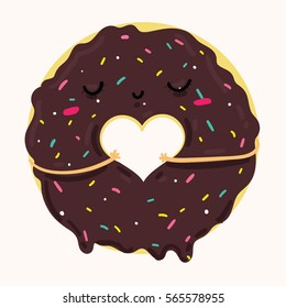 Vector illustration of cute chocolate icing cartoon donut with heart and face, can be used for valentine's day greeting cards, party invitations, posters, prints and books