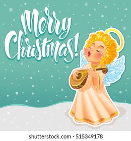 Vector Illustration. Cute Christmas Angel in a long light dress. He sings a song and playing lute. Beautiful Christmas Greeting Card.