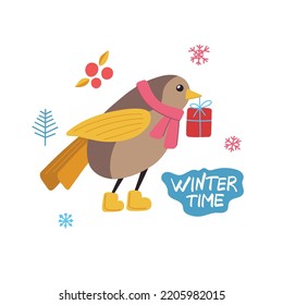 Vector Illustration with a cute Christmas bird in winter accessories, hat, scarf, boots. Cute bird, bullfinch, gifts, twigs, mountain ash, snowflakes. The inscription Winter time