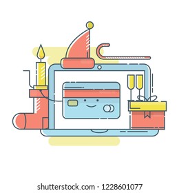 Vector illustration of cute Christmas card, Holiday sale in line flat style. Thin line new year concept.