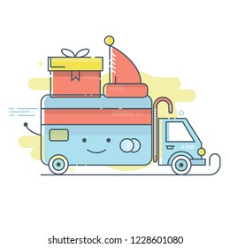 Vector illustration of cute Christmas card, Holiday sale in line flat style. Thin line new year concept.