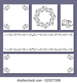 vector illustration for cute Christmas cards set with swirled black and white circle with small pines and pearls and greeting text inside for minimalistic and elegant xmas designs