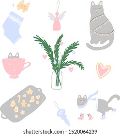 Vector illustration of cute Christmas cats, cookies and winter elements. Cat in socks, with garland, ice skating. Isolated flat objects. Design concept for holidays, winter and New Year.