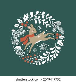 Vector illustration of cute Christmas deer in pine and holly wreath. 