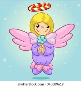 Vector illustration cute Christmas flying angel character with candy nimbus