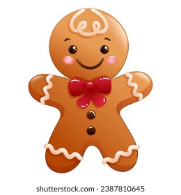 Vector illustration of cute Christmas gingerbread with red bow. Funny winter biscuits isolated on white background