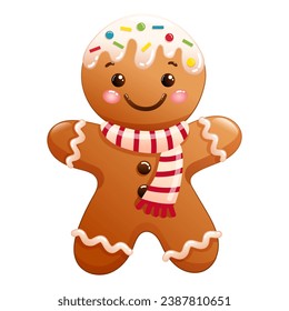 Vector illustration of cute Christmas gingerbread with scarf. Funny winter biscuits on white background