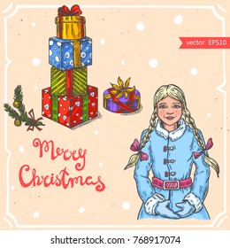 Vector illustration of the cute christmas girl,gift box collection, text Merry Christmas on the background with abstract paper texture. Snow Maiden sketch. Linear art in vintage style for your design.