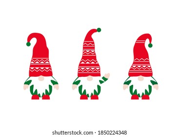 Vector illustration of cute Christmas gnomes on white background. Collection of funny Xmas gnomes family with beard and hat for card, greeting, house and garden. Set of Christmas scandinavian gnomes. 