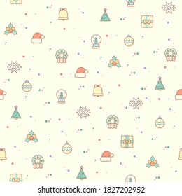 Vector illustration of a cute Christmas and holiday time elements. Contains such Icons as decoration, x-mas, winter, celebration, tree, ornament, Santa Claus, snow and more. Isolated on beige. 