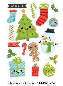 Vector Illustration Of Cute Christmas Icons Including Tree, Snowman, Ornaments, Presents, Gingerbread, Holly