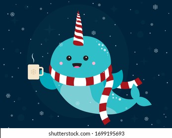 A vector illustration of a cute Christmas narwhal with a mug and scarf