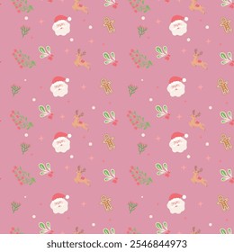 A Vector illustration of a cute Christmas pattern featuring Santa faces, reindeer, gingerbread, and foliage on a pink background, creating a playful holiday theme.