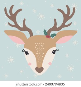 Vector Illustration of Cute Christmas Reindeer with Snowflakes and Holly