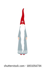Vector illustration of cute Christmas Santa or gnome in red hat on white background. Funny Xmas future Santa with long beard for card, greeting, template, poster. Christmas gnome or wizard.  