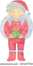 Vector illustration of a cute Christmas Santa Claus handing out gifts with watercolor touch
