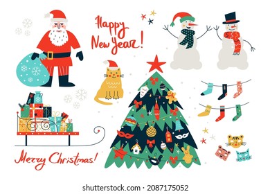 Vector illustration with cute Christmas set. Hand written Happy New Year and Merry Christmas. Bright colors design.