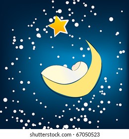 Vector illustration of cute Christmas sleeping baby on the Moon