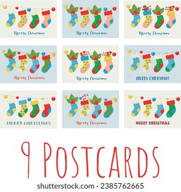 vector, illustration, cute Christmas socks with sweet gifts inside, New Year card, set