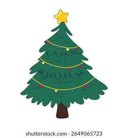 Vector illustration of a cute Christmas tree decorated with colorful string lights, ornaments, and a golden star on top. Perfect for holiday cards, festive posters, seasonal crafts, and invitations.