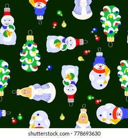 Vector illustration of cute christmas tree toys seamless pattern. Christmas tree, snowman and snow maiden on dark green background.